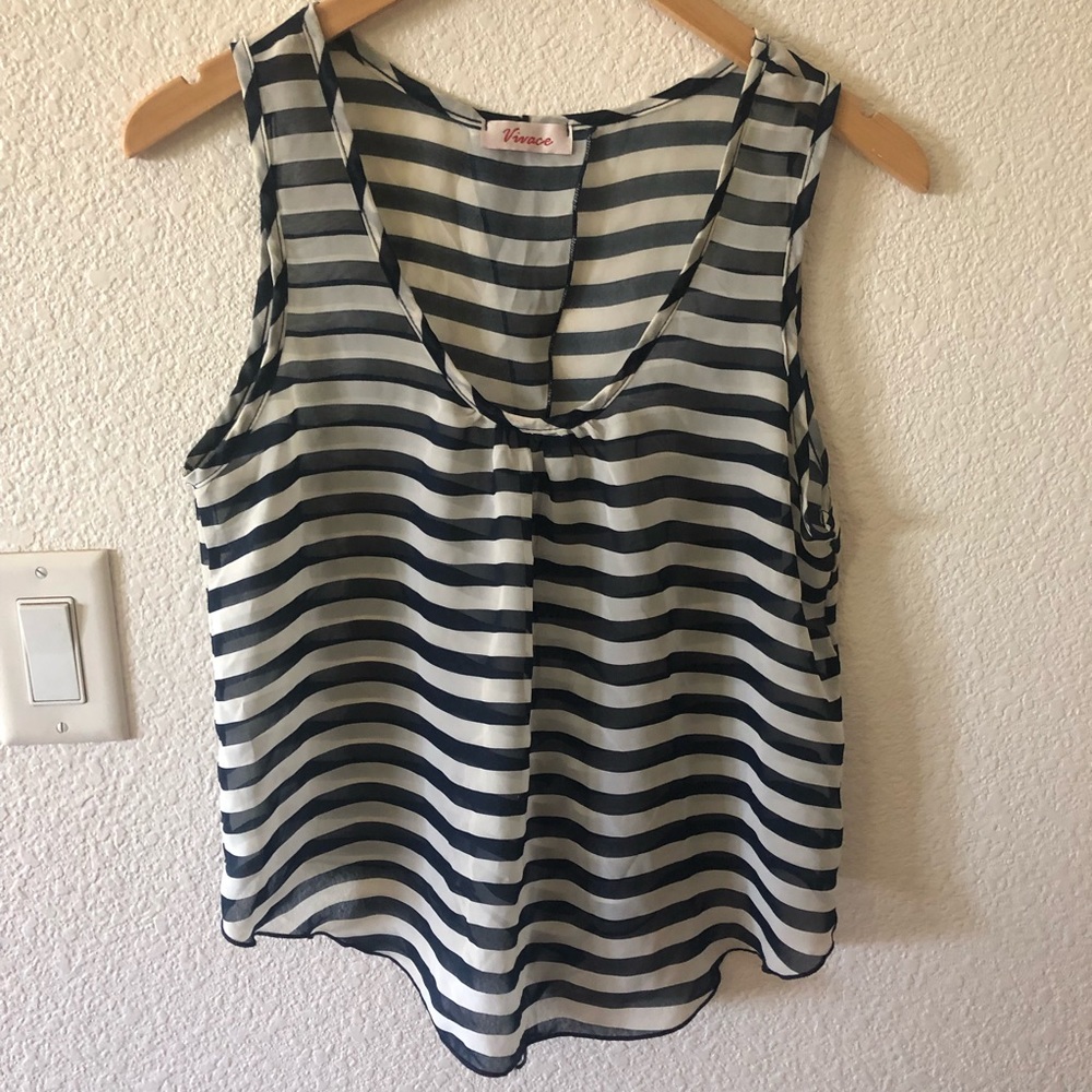 Navy Blue Striped Sheer Open Back Top